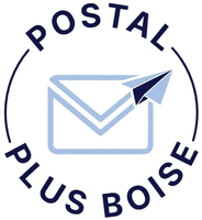 Postal Plus Boise logo with a blue envelope and paper airplane in a circular design