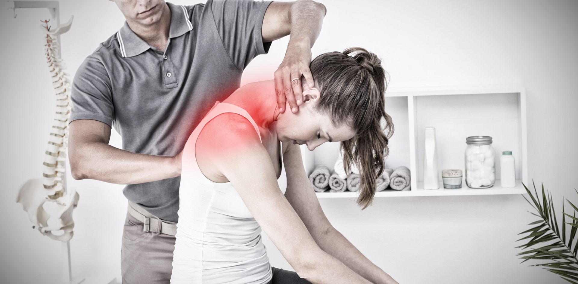 Chiropractor adjusting a person's neck. Red highlight indicates pain. Clinic setting.