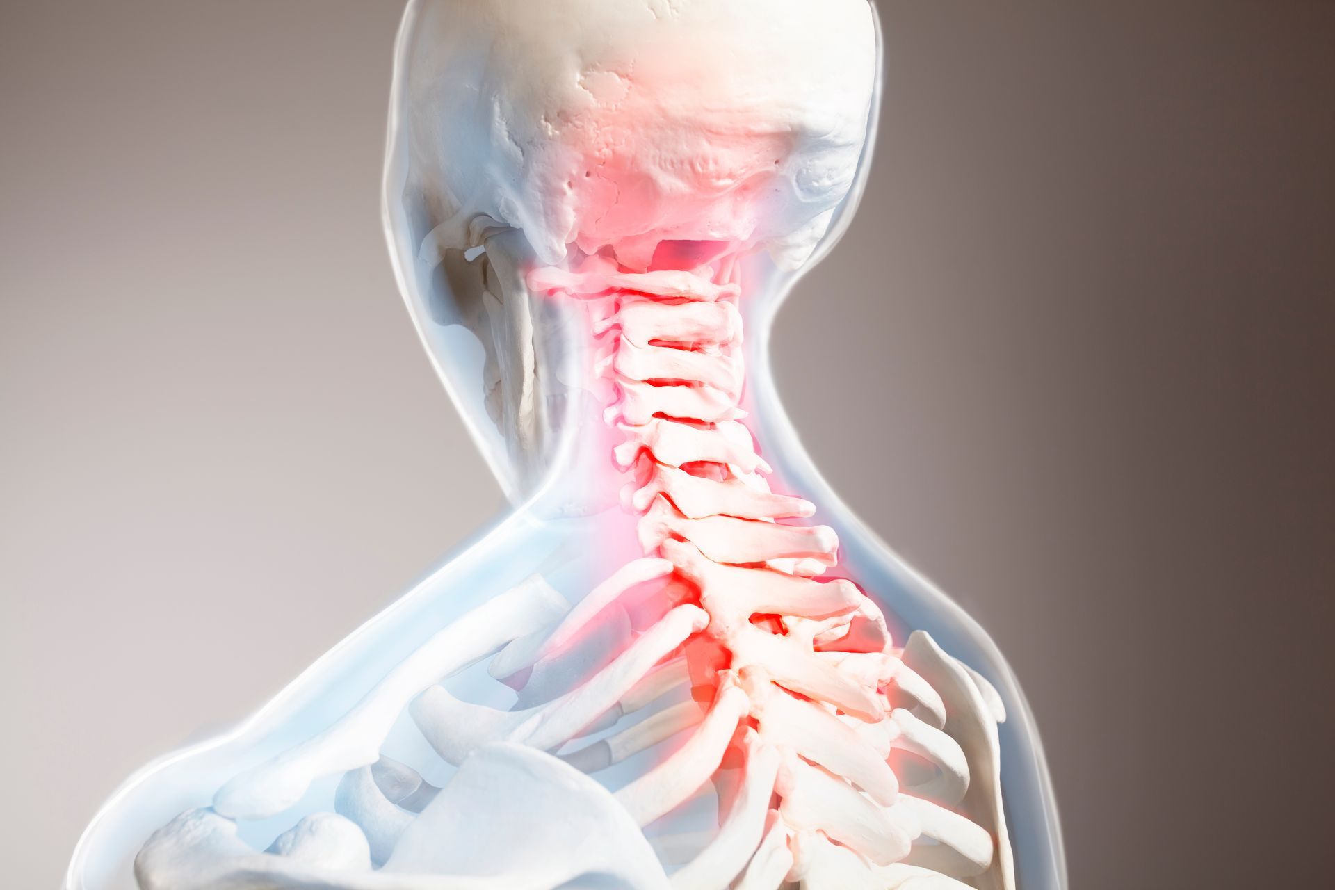 Illustration of a human neck and spine, highlighted in red to indicate pain or inflammation.