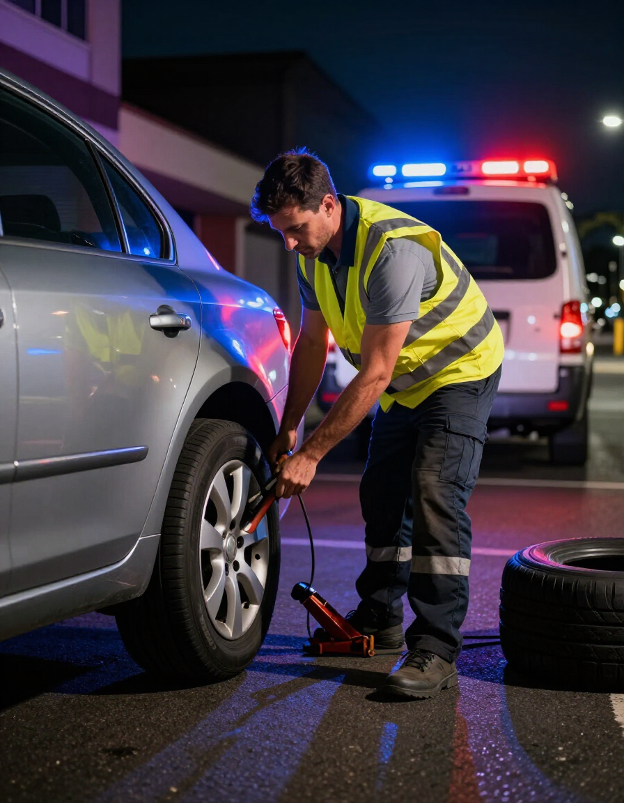 Mobile tyre technician attending a roadside tyre change in Sydney