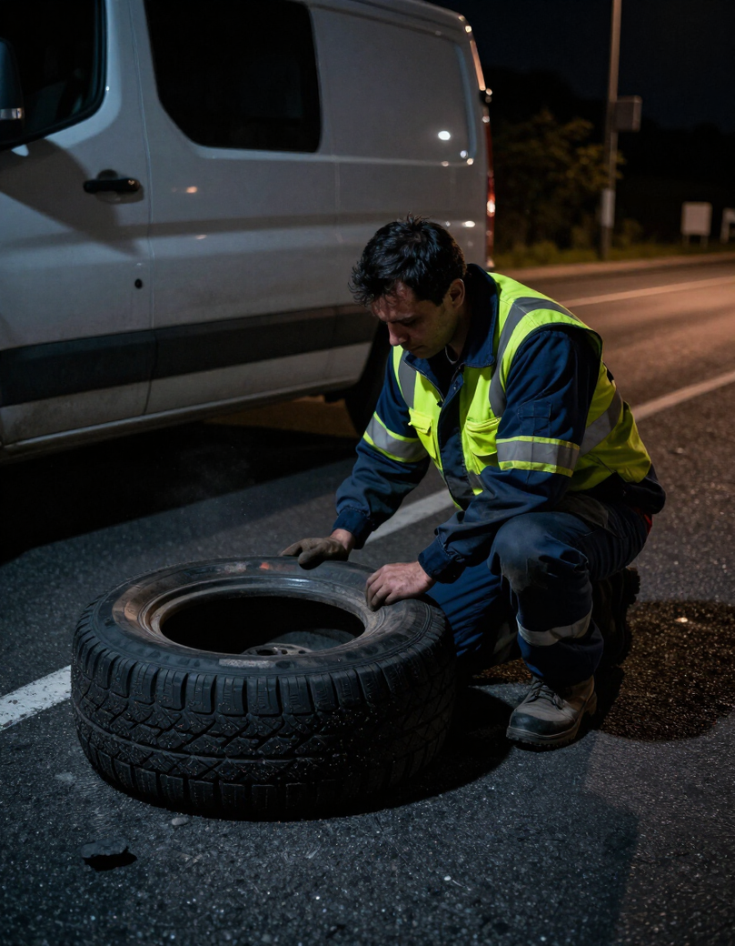 Emergency roadside tyre assistance technician at night