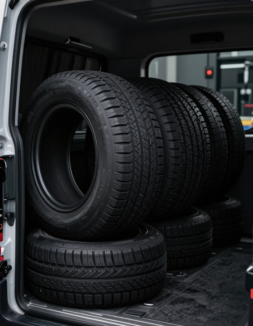 New tyres stacked in mobile service van ready for fitting