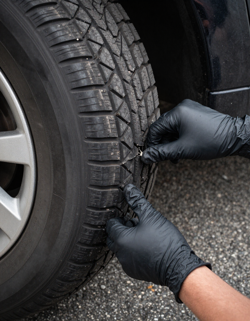 Close-up tyre puncture assessment on-site