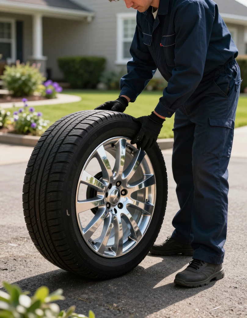 Mobile tyre fitting technician balancing tyre at driveway