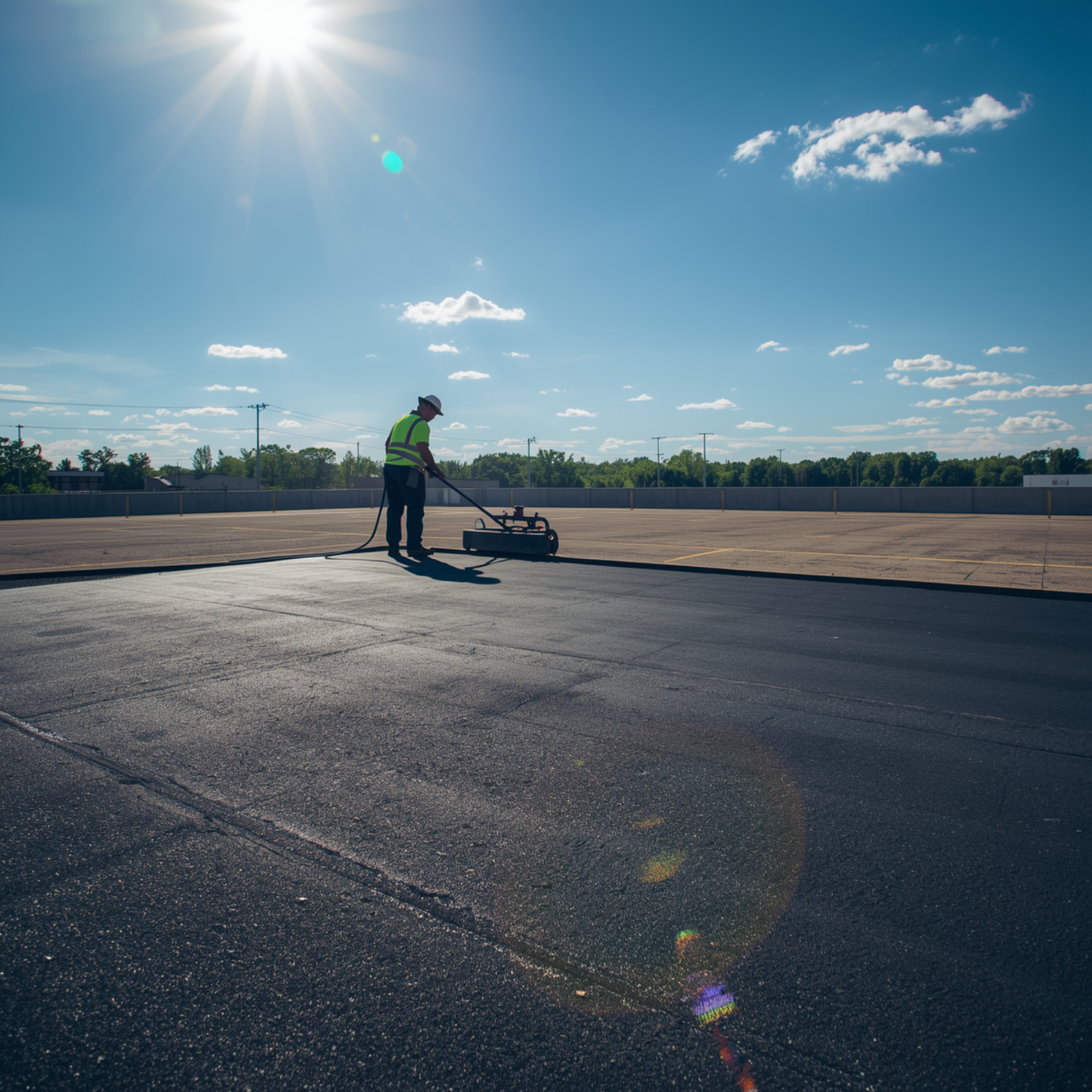 Worker applying asphalt sealcoating in Kansas City parking lot under clear sky