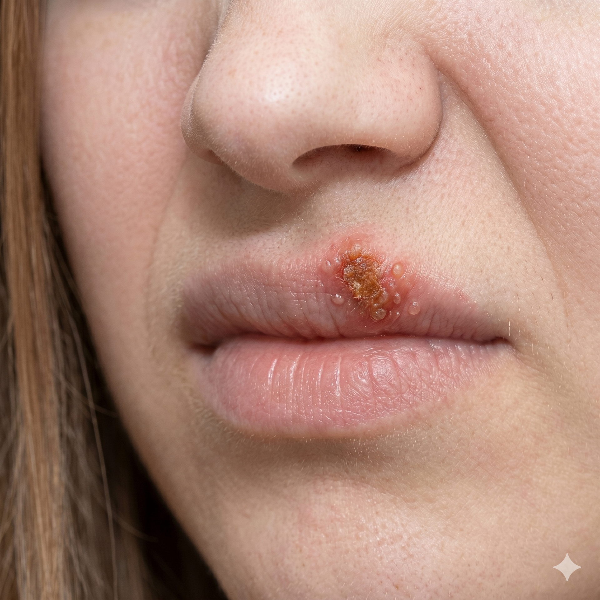 Close-up of lips with a crusted sore on the upper lip