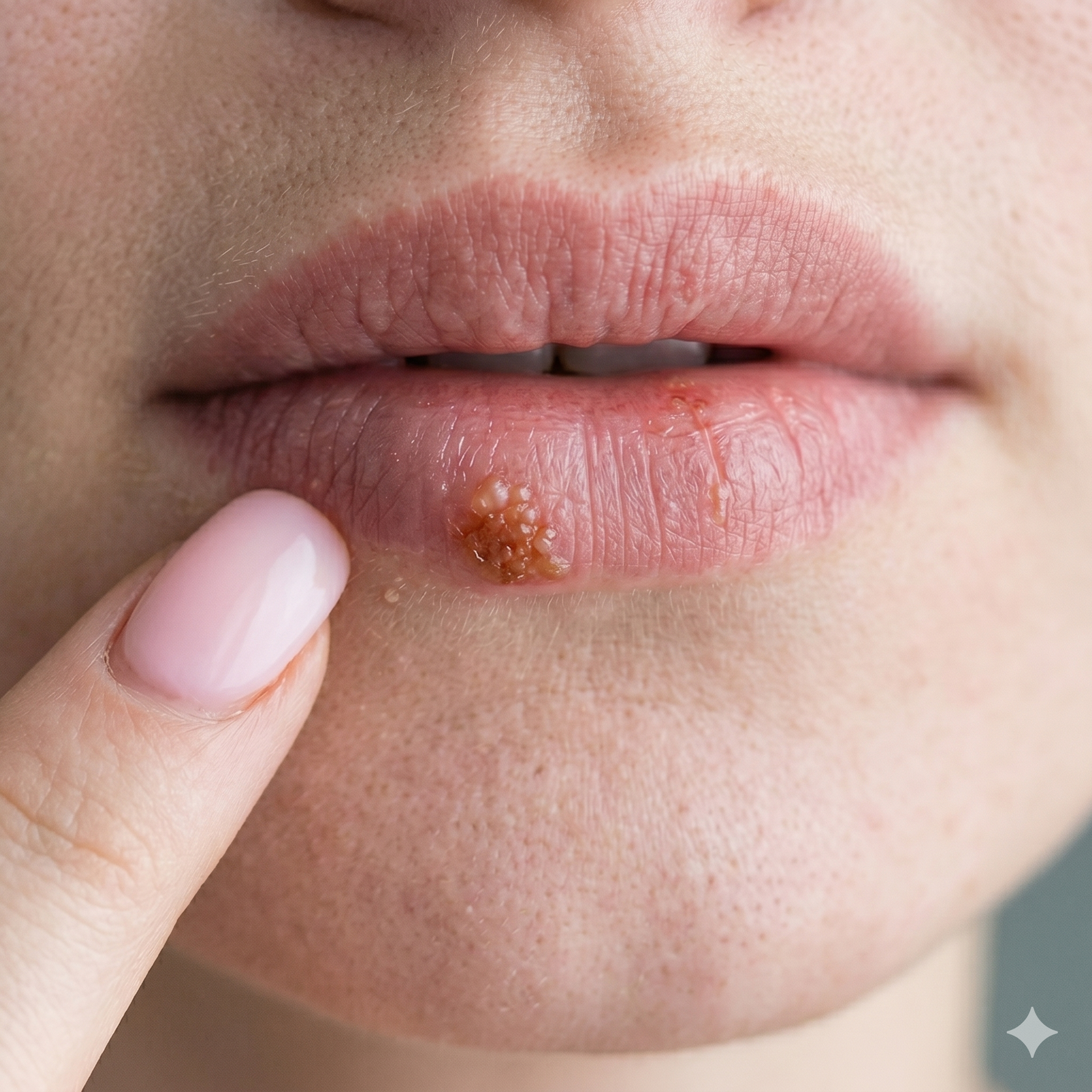 Close-up of lips with a small crusted sore on the lower lip, a finger pointing to it