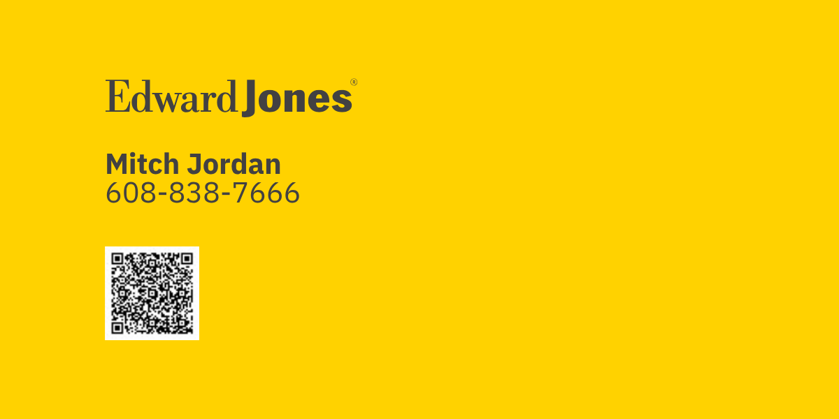 Business card on yellow background for Edward Jones, with contact name Mitch Jordan, phone number, and QR code.
