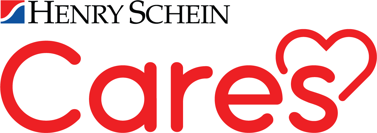 Henry Schein Cares logo with red heart-shaped design on a white background