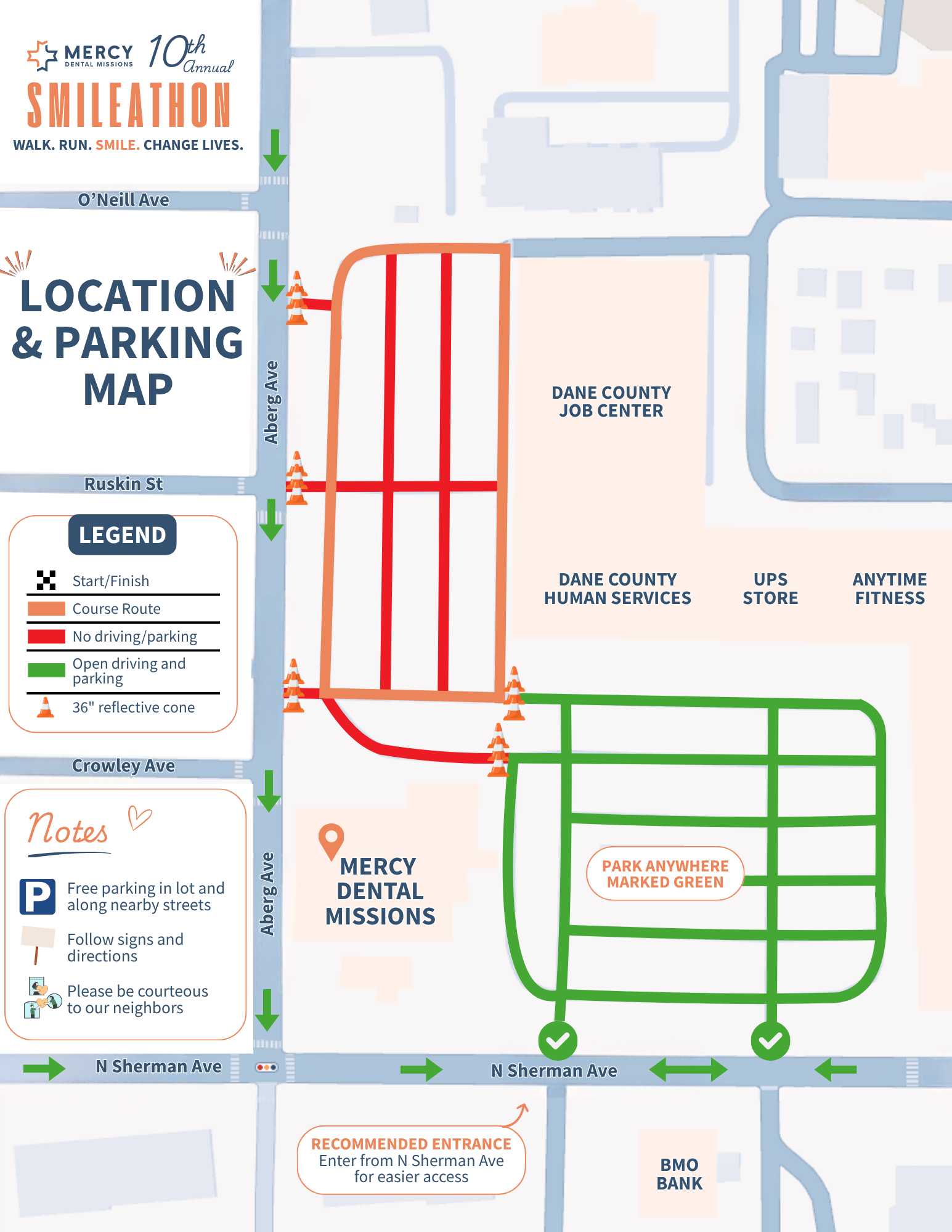 Location and parking map with colored routes to NERCY and nearby buildings, labeled parking areas.