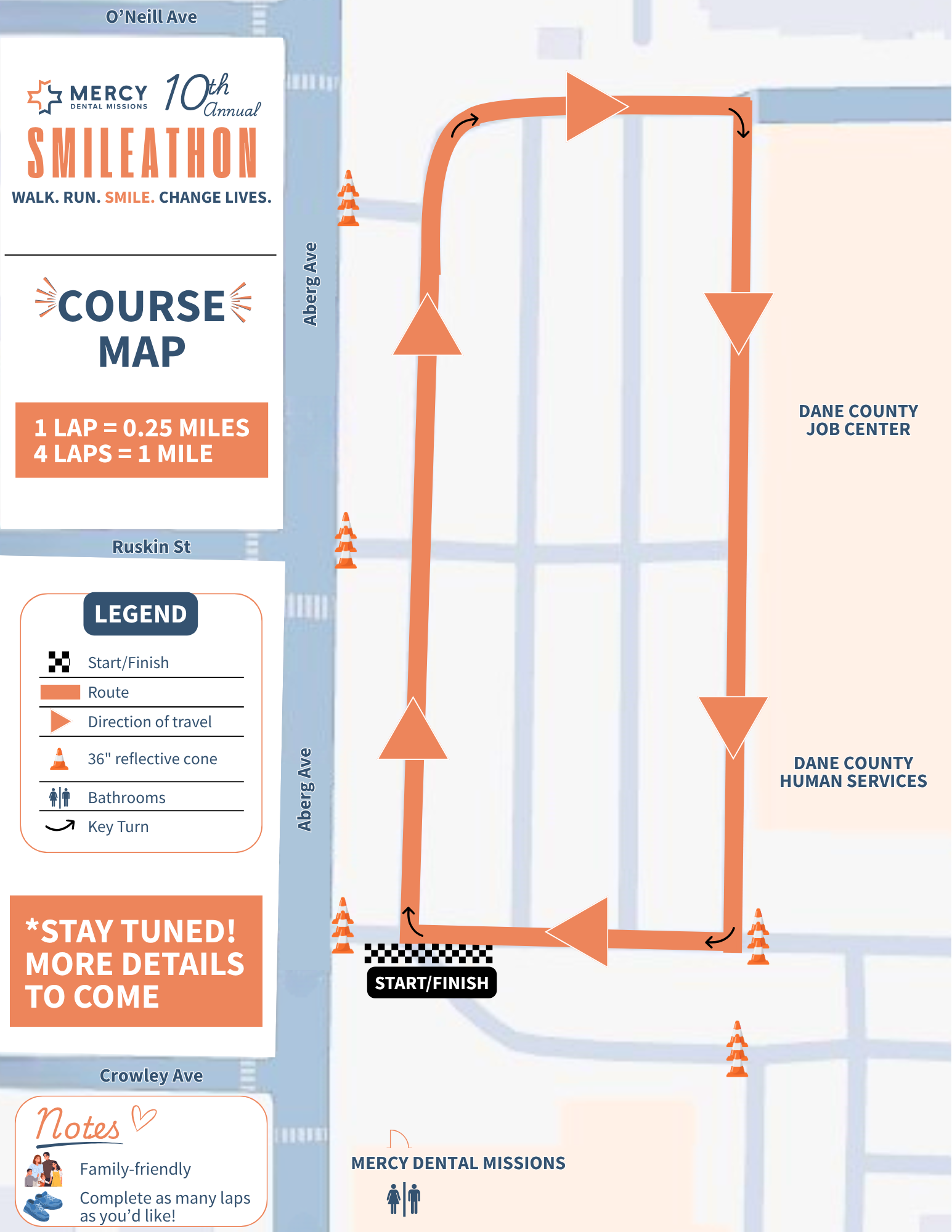 Orange route map with arrows, legend, and “start here” and “meet at” markers on a street grid map