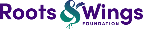 Roots & Wings Foundation logo in purple and teal with stylized roots and wings icon