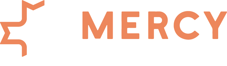 Orange MERCY logo with stylized star-like icon on white background