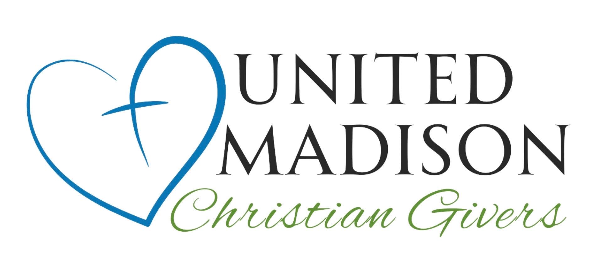 United Madison Christian Givers logo with blue heart and green script text