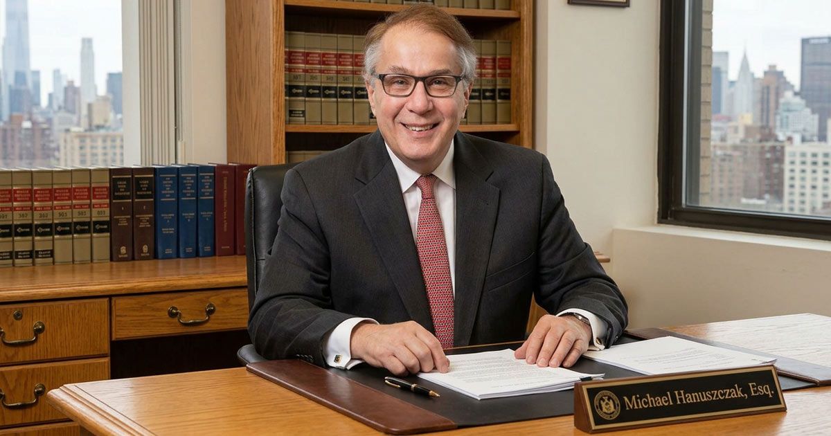 Michael Hanuszczak, Esq. Family Law Attorney at his desk in his law office