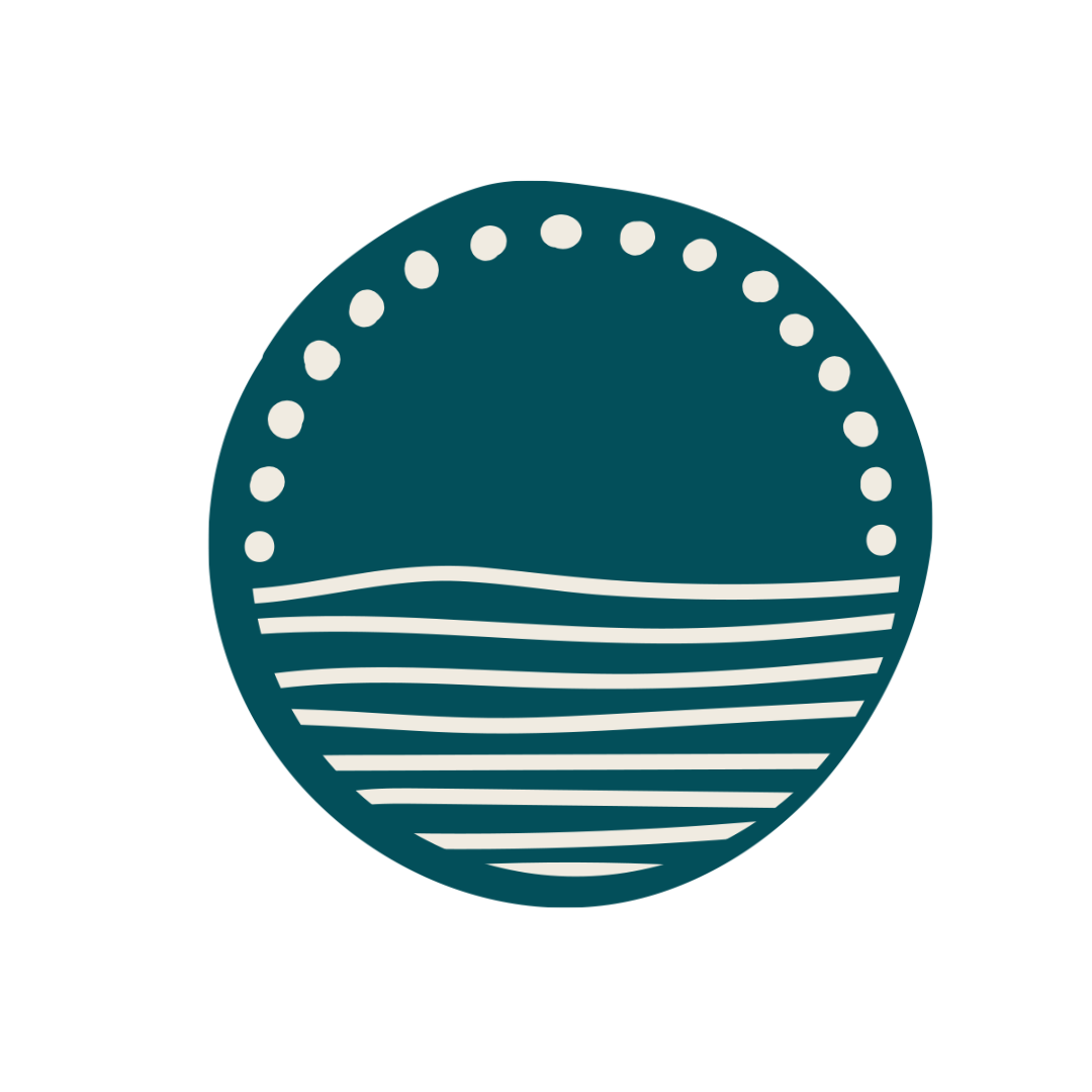 Teal circular logo with white dotted arc above white horizontal wavy lines