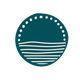 Teal circular logo with white dots and horizontal white waves, resembling a sunset over water