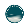 Teal circular logo with white dots and horizontal white waves, resembling a sunset over water