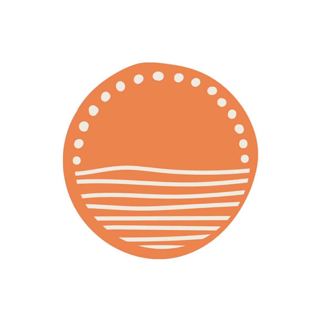Orange circular logo with white dots and horizontal wavy lines