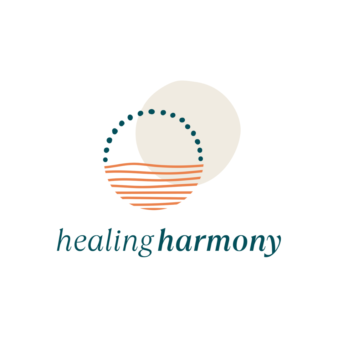 Healing Harmony logo with teal dots, coral lines, and beige circle above teal text