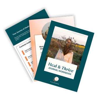 Three teal and peach workbook covers stacked, with a woman’s photo on the front cover.
