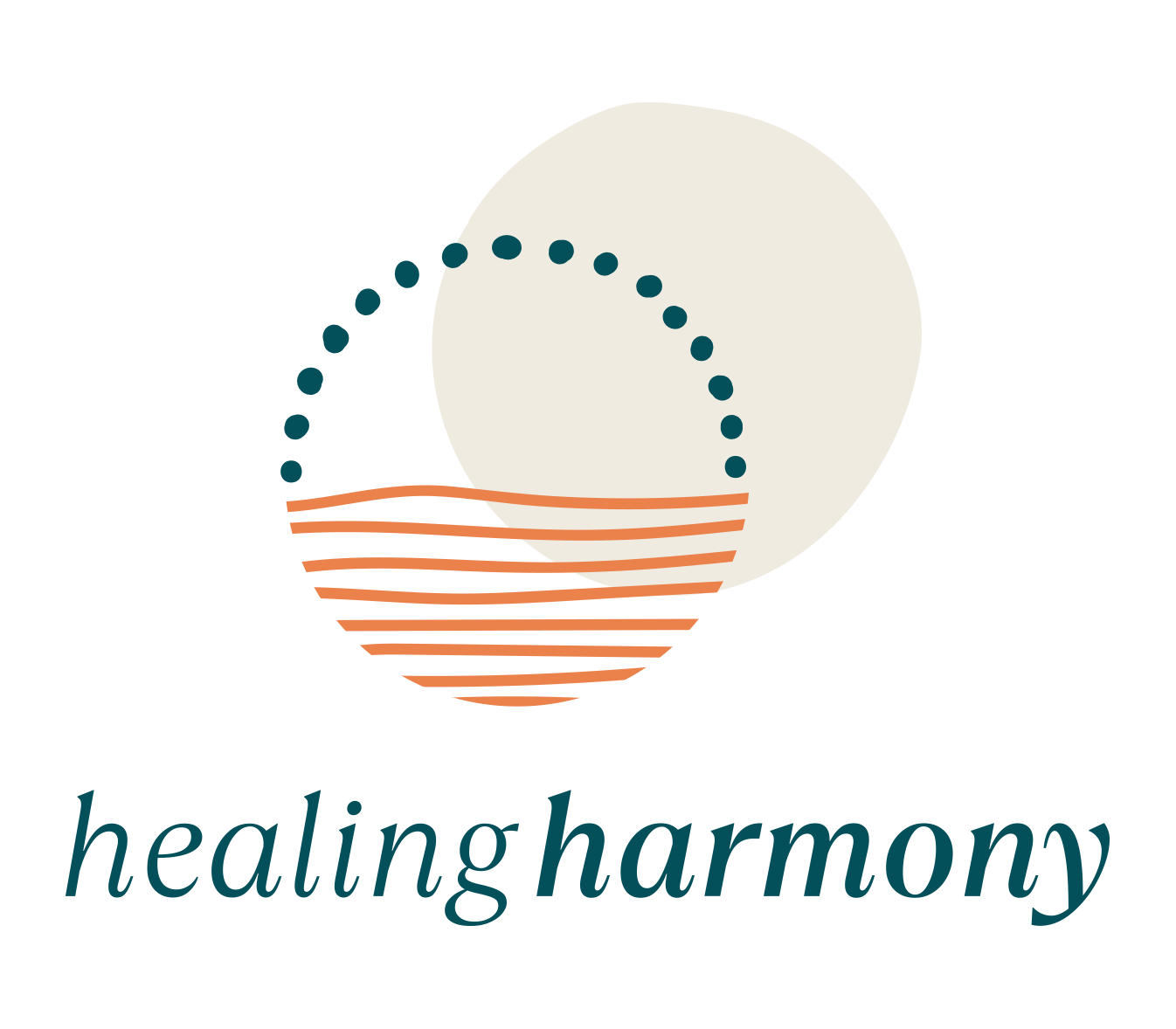 Healing Harmony logo with teal dotted arch, orange waves, and beige circle on white background