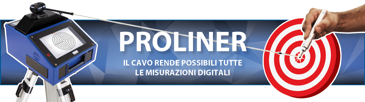 Un dispositivo di misurazione digitale Proliner collegato tramite un filo a una penna puntata verso un bersaglio a forma di cerchio rosso e bianco.