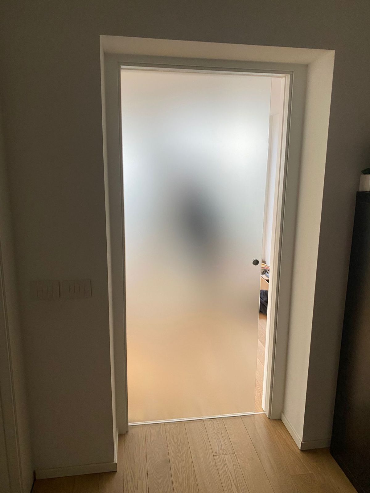 Una porta in vetro satinato incastonata in una cornice bianca, che conduce a una stanza luminosa con pavimento in legno chiaro.