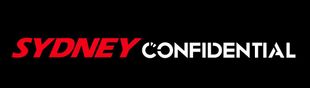 The logo for sydney confidential is red and white on a black background