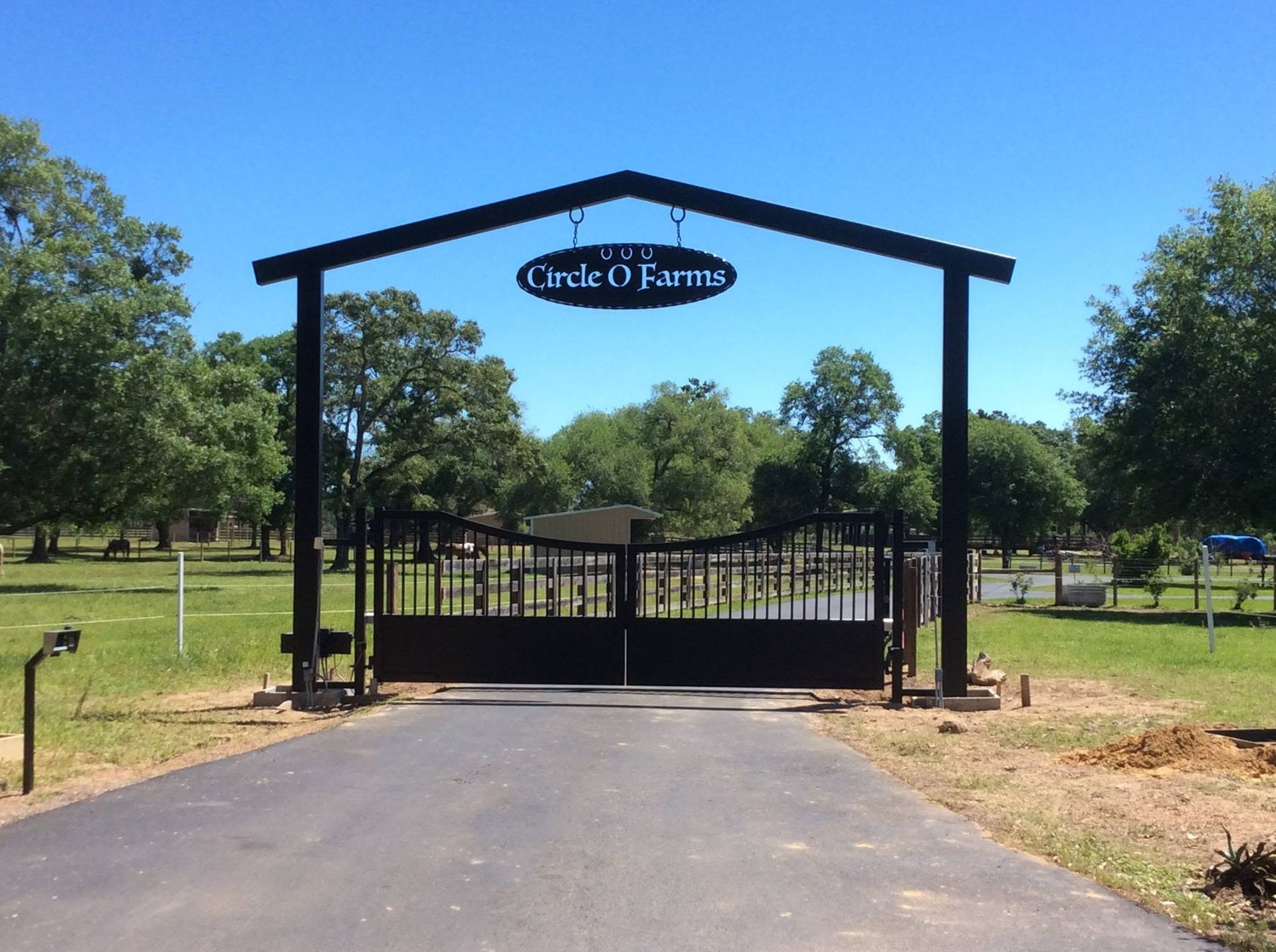 Black gate entrance with “Circle C Farms” sign at the end of a paved driveway, surrounded by trees and grass