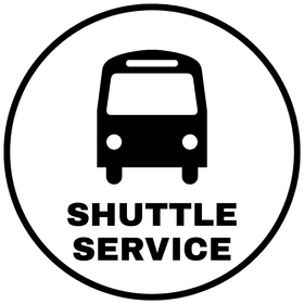 Black shuttle bus icon in a circle with the words “SHUTTLE SERVICE” beneath it.