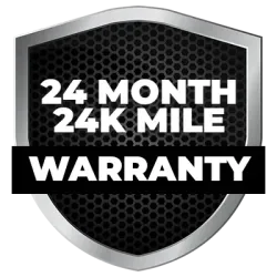 Shield badge with black honeycomb center reading “24 Month 24K Mile Warranty”