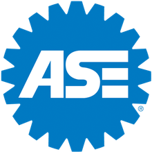 Blue ASE logo inside a gear-shaped emblem with white letters
