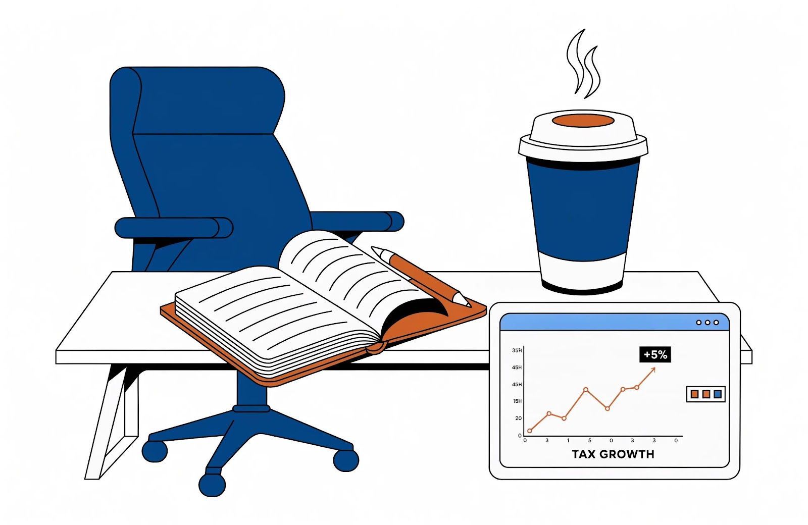 Blue office chair with open book on desk, coffee cup, and a laptop showing a tax growth chart.