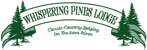 Logo for Whispering Pines Lodge, featuring green trees and banner with text, 