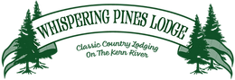 Logo for Whispering Pines Lodge, featuring green trees and banner with text, 