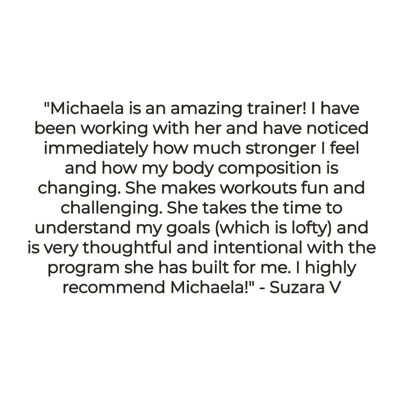 Client testimonial: Ann-Marie S. praises Michaela for helping her get fit after childbirth and injury; a motivating, fun trainer.