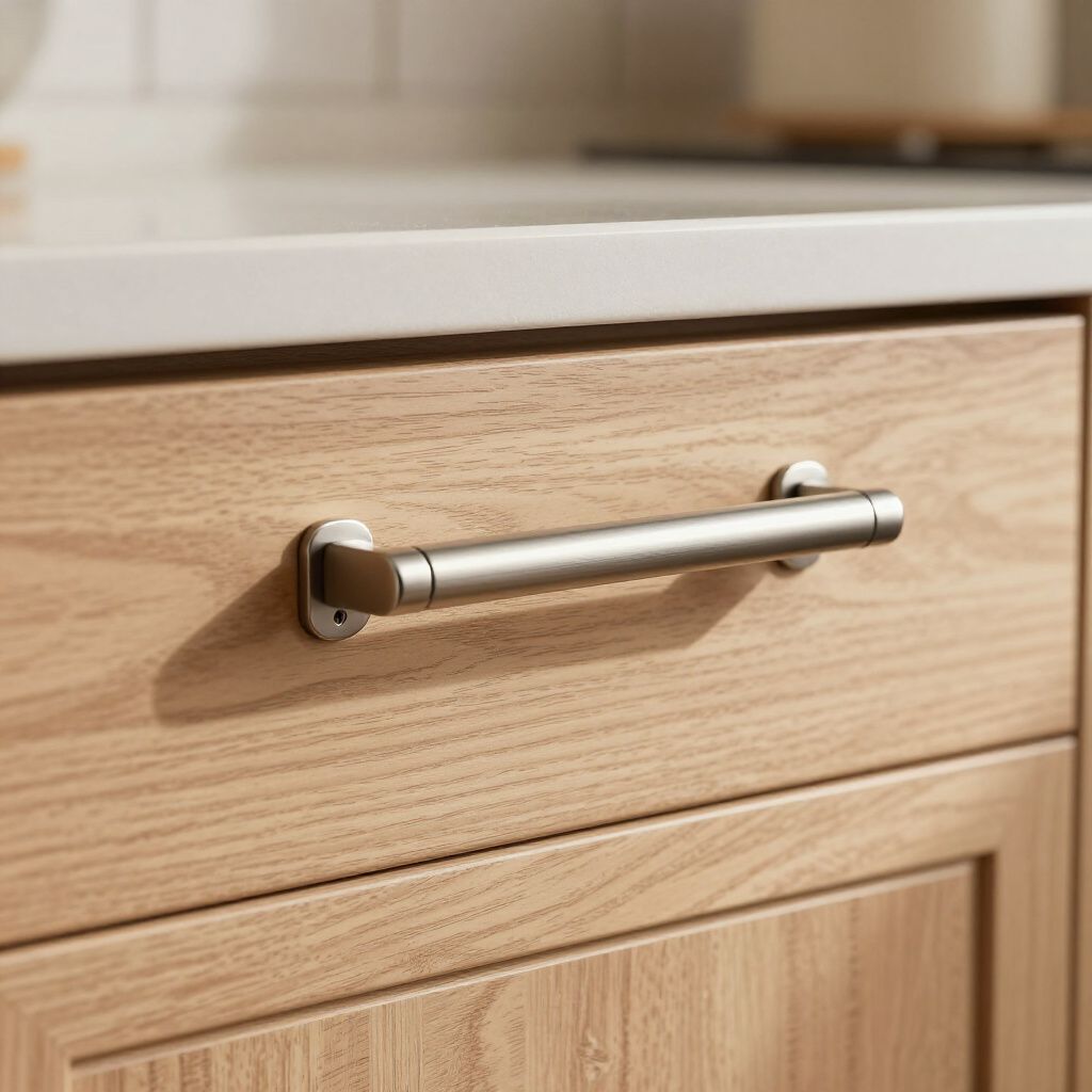 Close-up of a brushed metal cabinet pull on a wooden drawer in a kitchen.