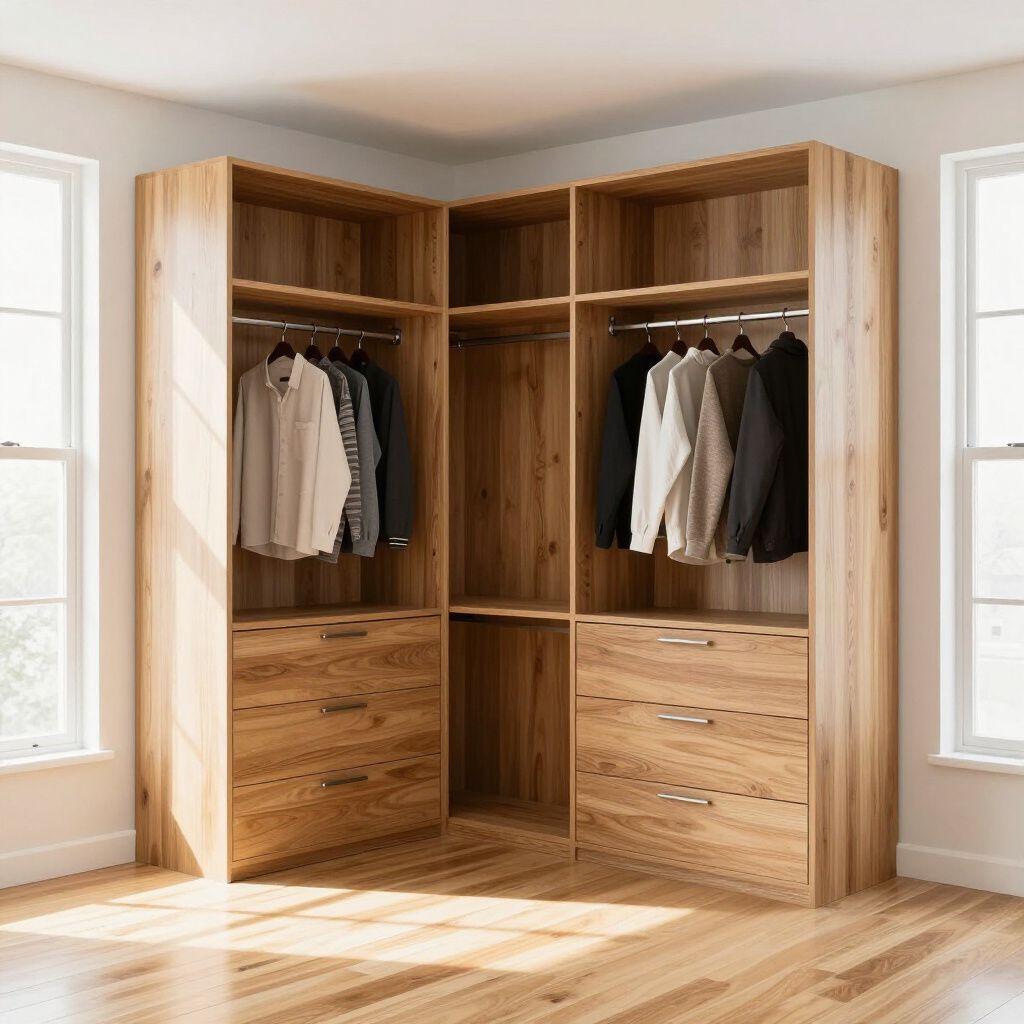 Wooden corner closet with hanging clothes, drawers, and windows.