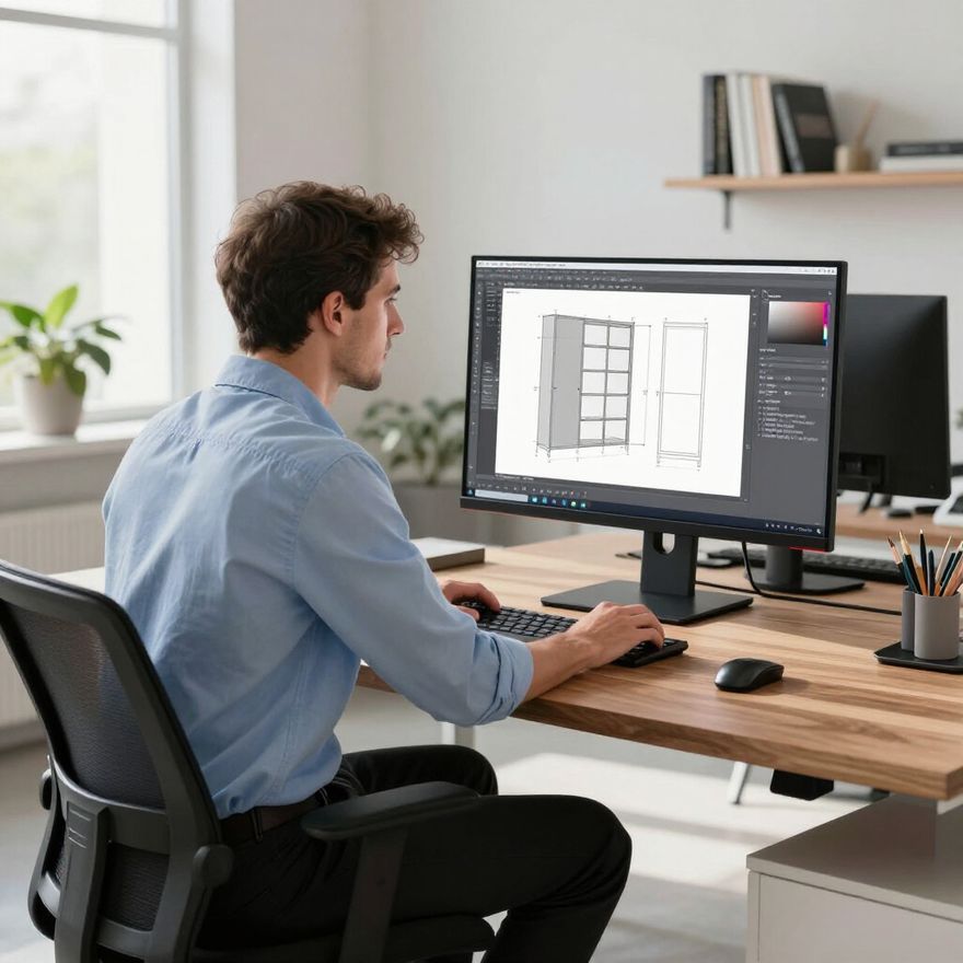 Man working on a computer at a wooden desk, designing a door; indoors.