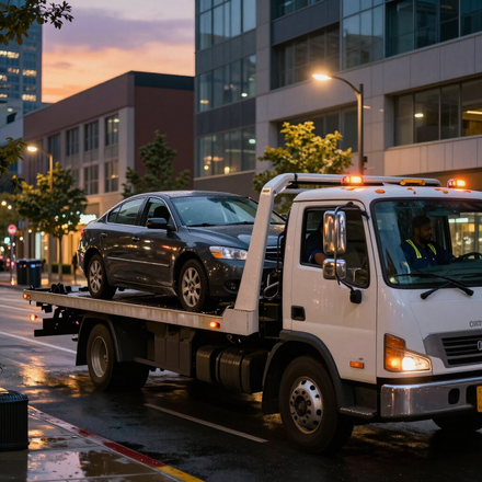 Tow truck hauling a black sedan on a wet city street at dusk