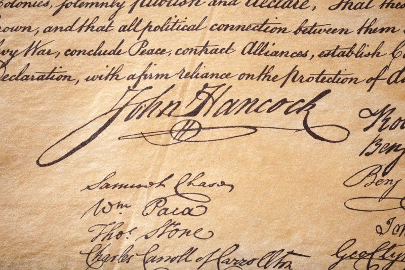 Historic signatures on the Declaration of Independence