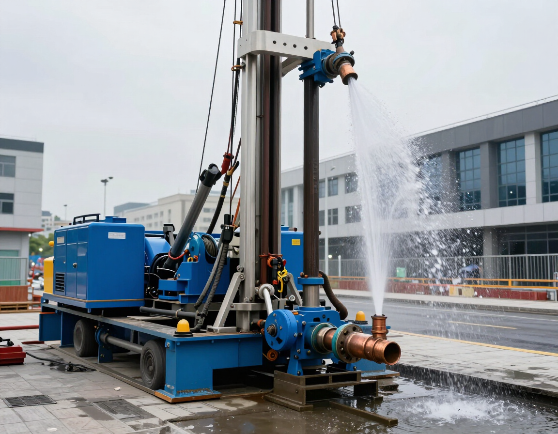 Plataforma de perforación industrial azul rociando agua en una calle mojada cerca de edificios modernos.