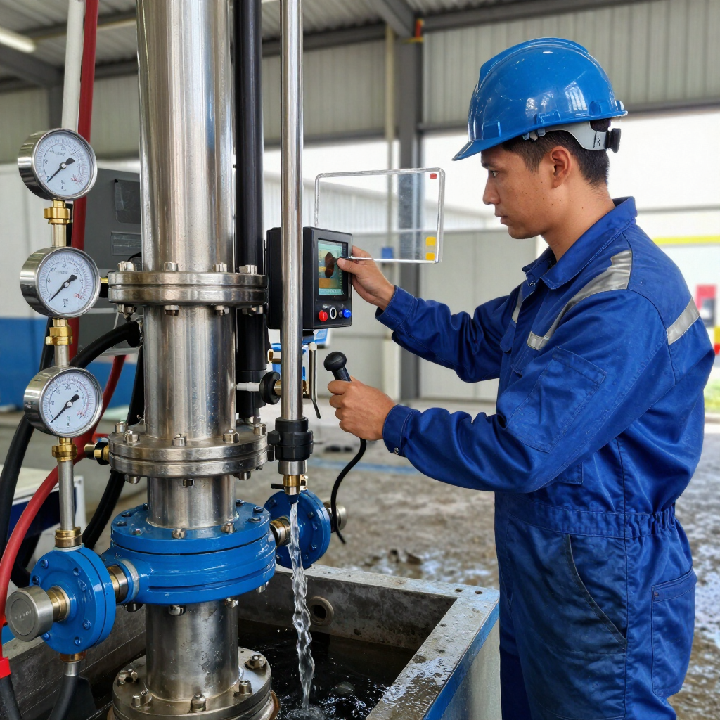Técnico con mono azul y casco operando controles de tuberías industriales con manómetros en un entorno de fábrica.
