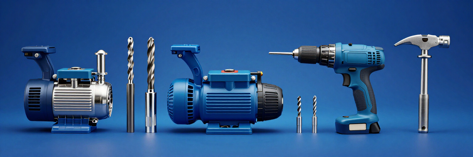 Herramientas eléctricas y brocas azules dispuestas sobre un fondo azul, con un martillo a la derecha.