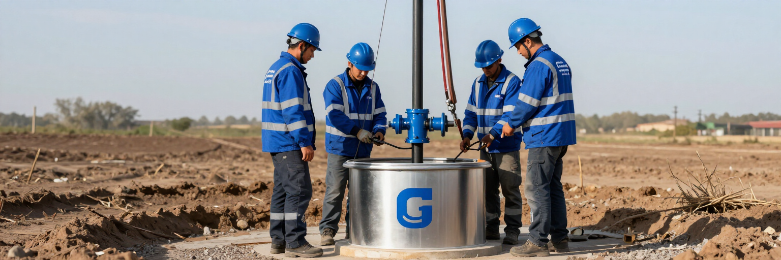 Cuatro trabajadores con uniformes azules operan una plataforma de perforación en un terreno polvoriento.