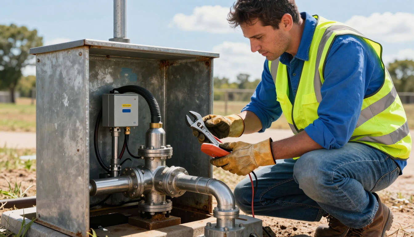 Técnico con uniforme de trabajo azul revisando tuberías y manómetros en una caja de servicios industriales al aire libre.