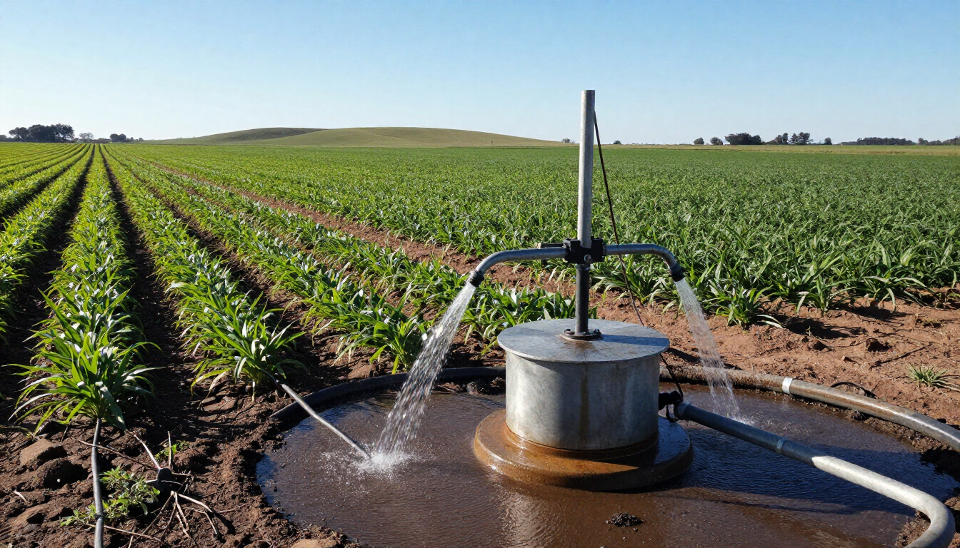Tubería de riego rociando agua en un campo de cultivo verde bajo un cielo despejado.