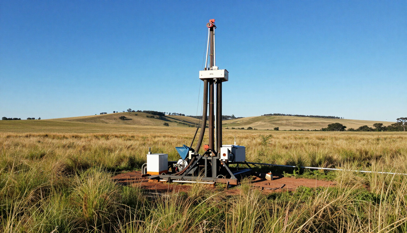 Plataforma de perforación en un campo de hierba bajo un cielo azul despejado.