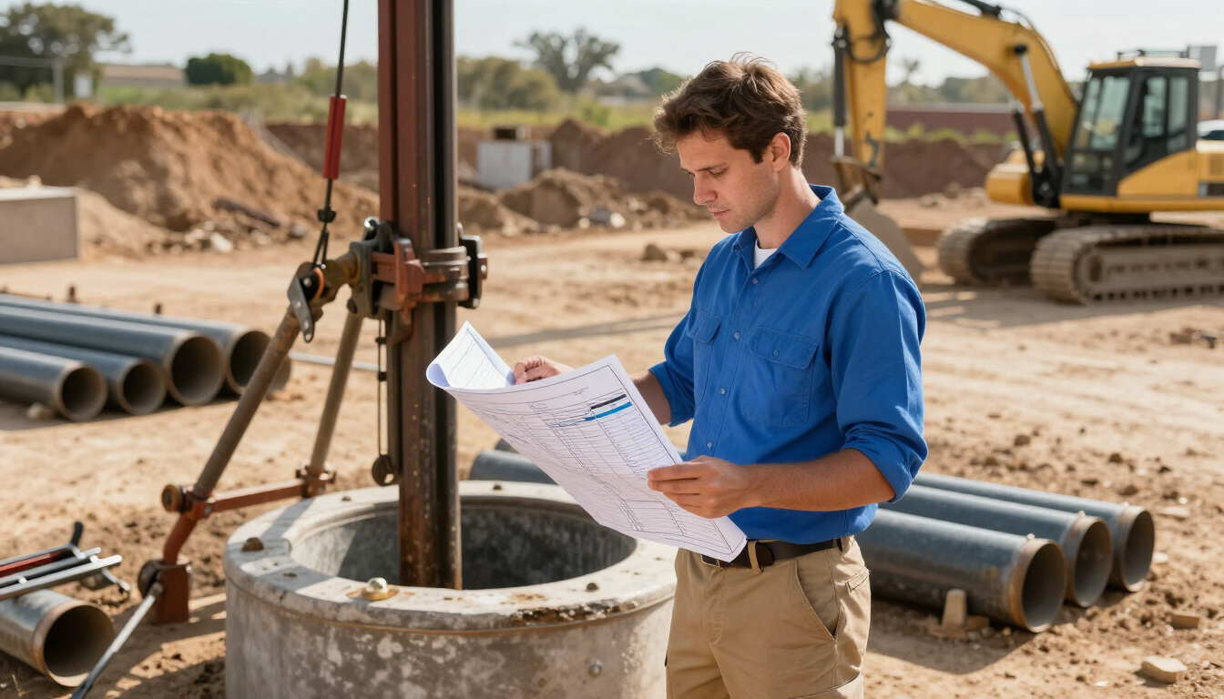 Hombre con camisa azul revisando planos en una obra de construcción junto a un pozo de hormigón y una excavadora.